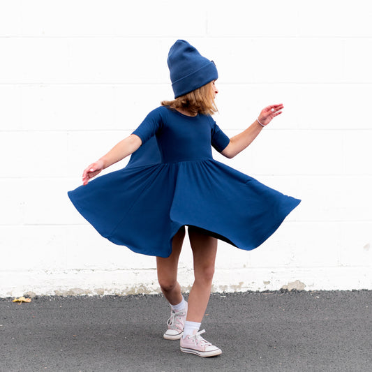 MID SLEEVE TWIRL DRESS- Navy Ribbed