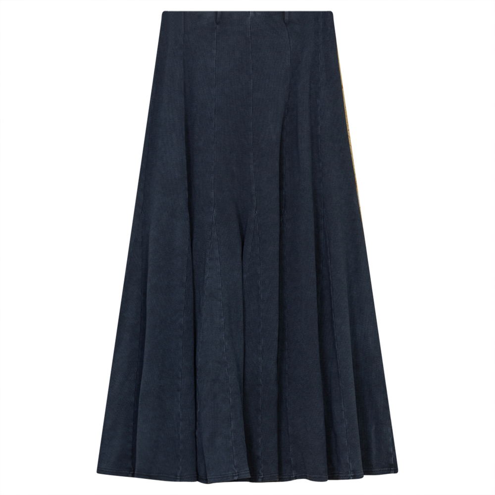 Ladies Paneled Long Denim Wash Skirt Dark Denim Wash