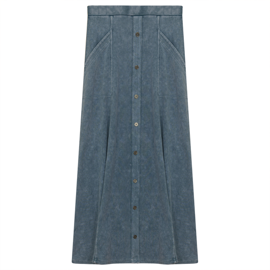 Ladies Button Down Denim Wash Rib Long Skirt Light Denim Wash