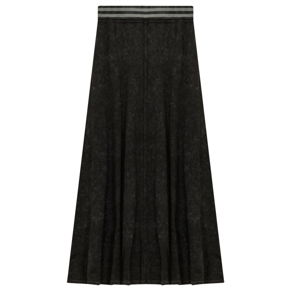 Ladies Denim Rib Long Panel Skirt With Elastic Stripe Waistband Black Wash