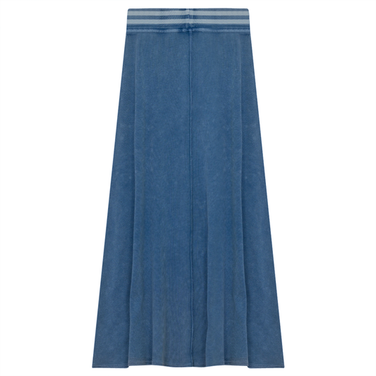 Ladies Denim Rib Long Panel Skirt With Elastic Stripe Waistband Light Denim Wash