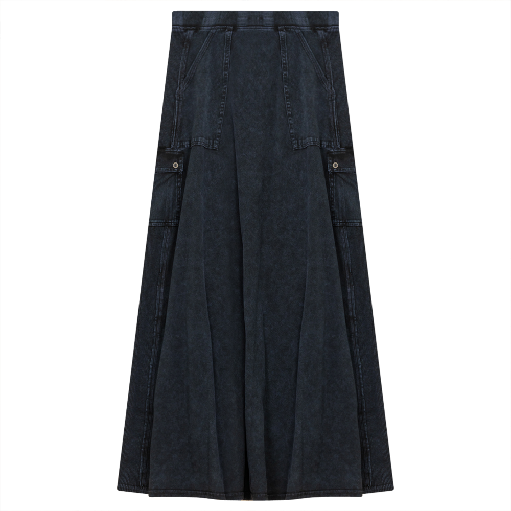 Ladies Tie Dye Wash Rib Long Skirt With Side Pockets Indigo Wash