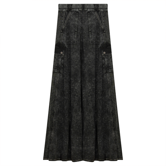 Ladies Tie Dye Wash Rib Long Skirt With Side Pockets Medium Grey Wash