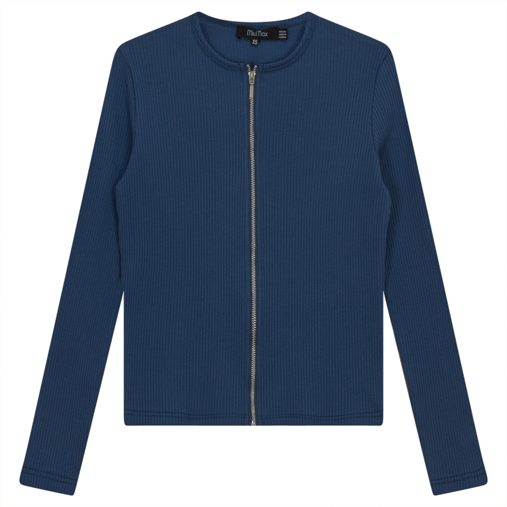 Thin Ribbed Crop Zipper Bomber Chambray