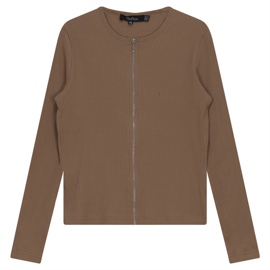 Thin Ribbed Crop Zipper Bomber Taupe