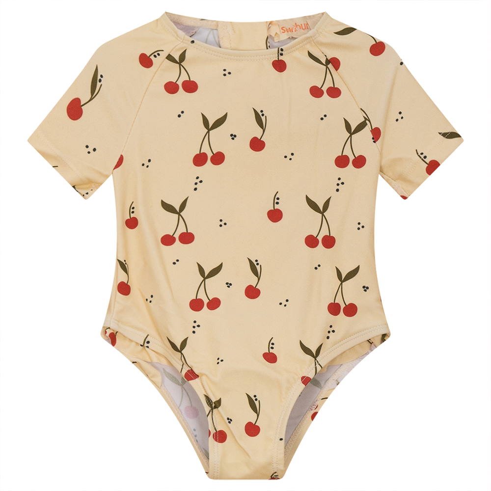 Cherry Print Long Sleeve Swimsuit Pale Peach