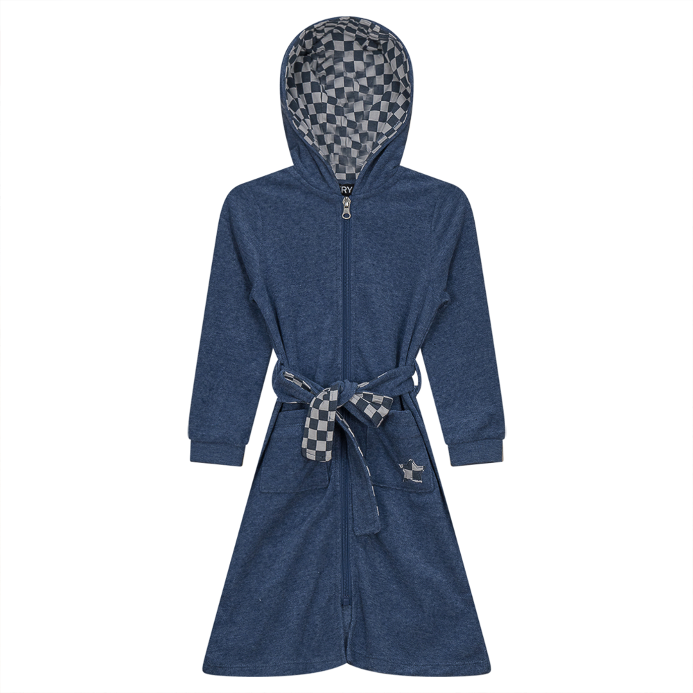 Checkered Star Applique Terry Robe Denim Mix