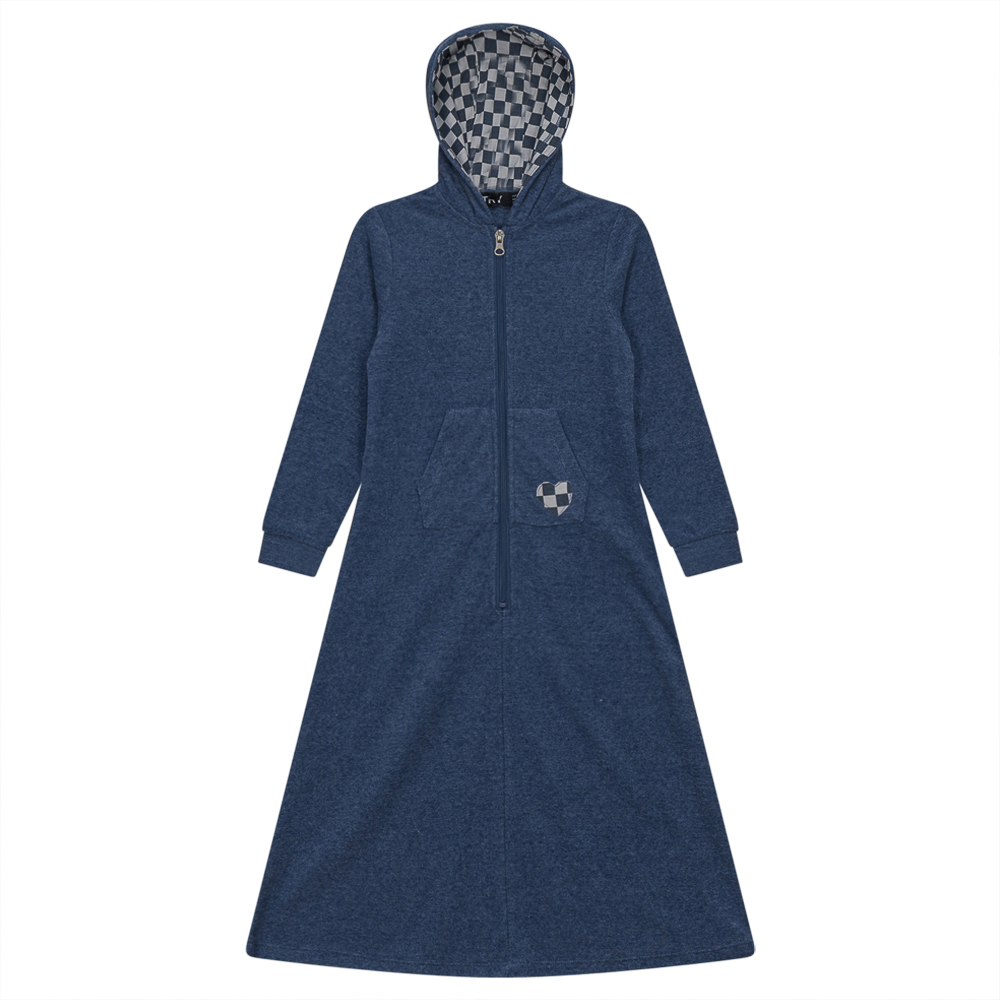 Checkered Heart Applique Terry Robe Denim Mix