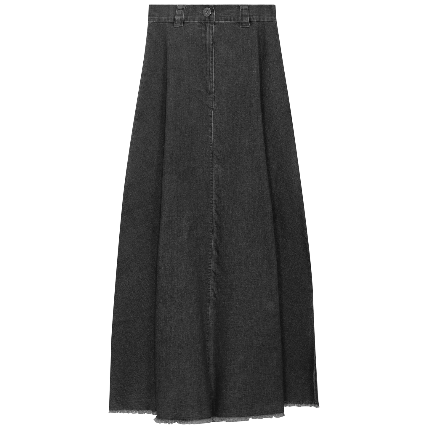 Maxi Denim A Line Fringe Skirt Black Denim Wash
