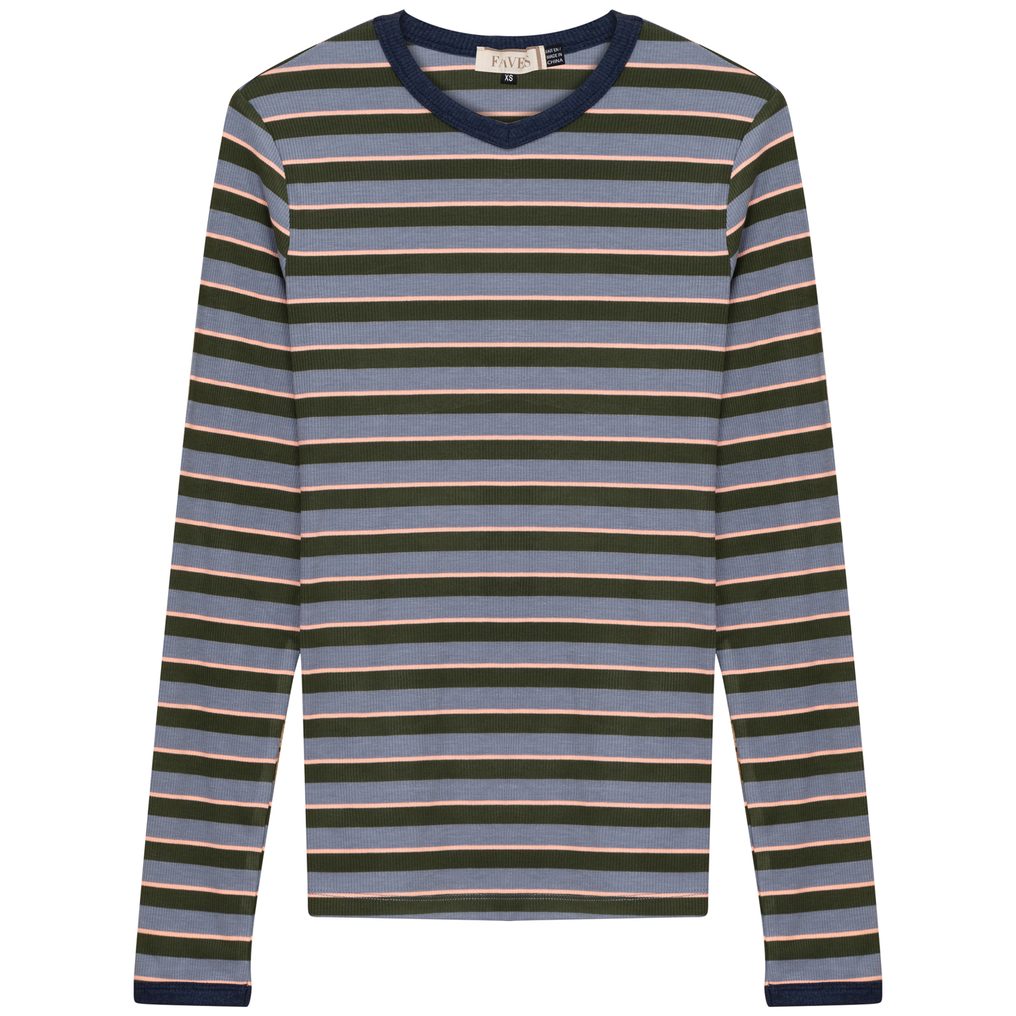 Ribbed Stripped V Neck Tee Denim Stripe