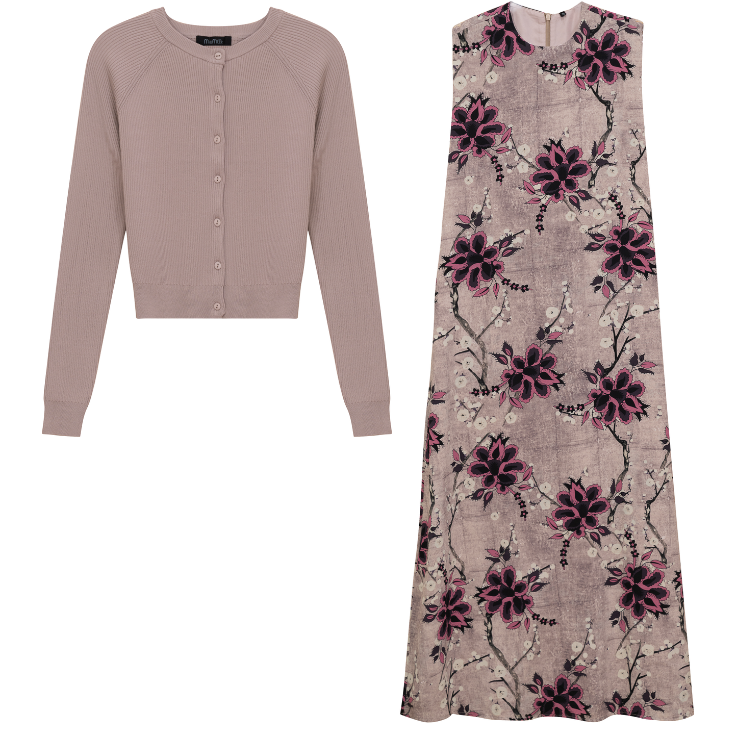 Midi Printed Chiffon Jumper Cardigan Set Light Oatmeal