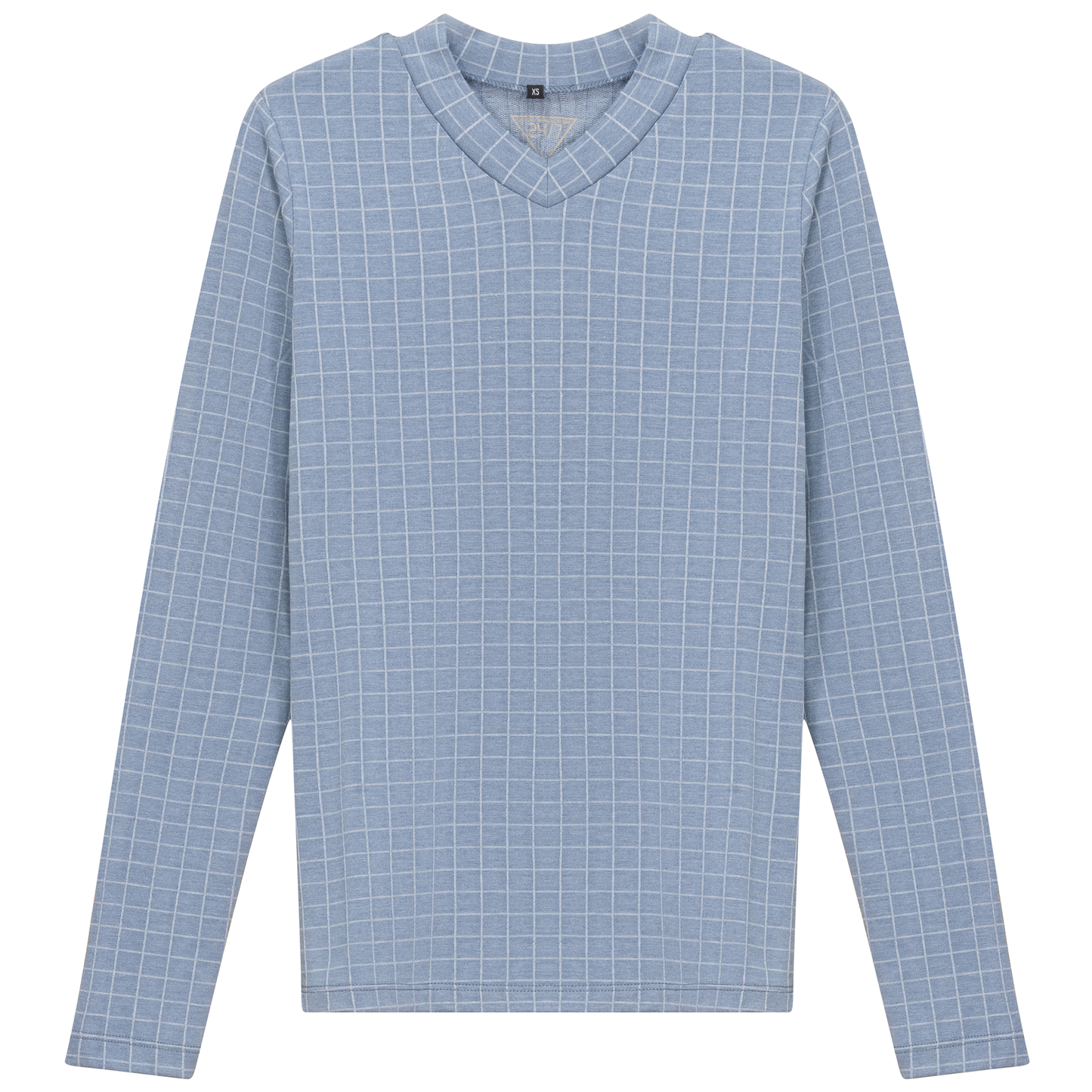 Checkered V Neck Cotton Tee Denim