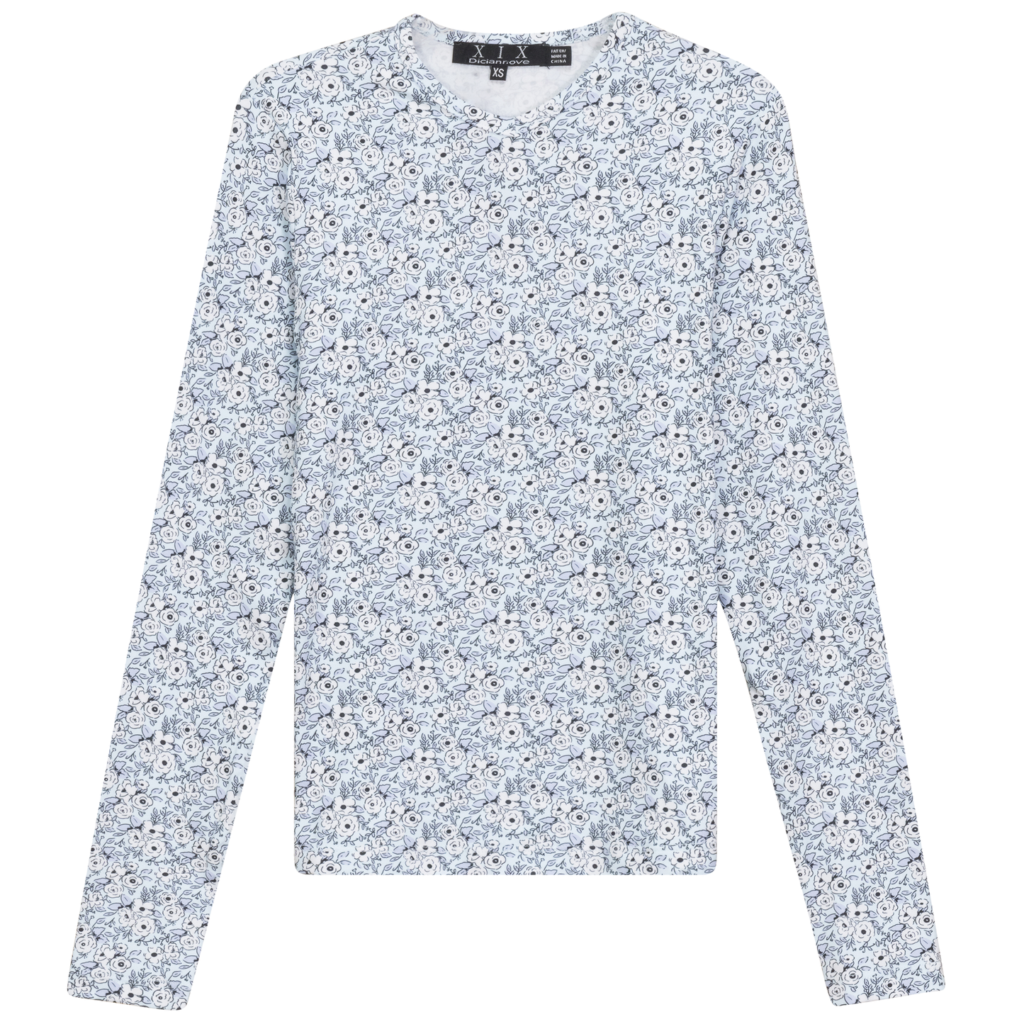 Printed V Neck Long Sleeve Tee Blue