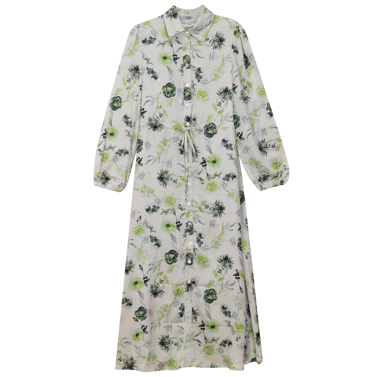 Printed Satin Belted Shirt Dress Green