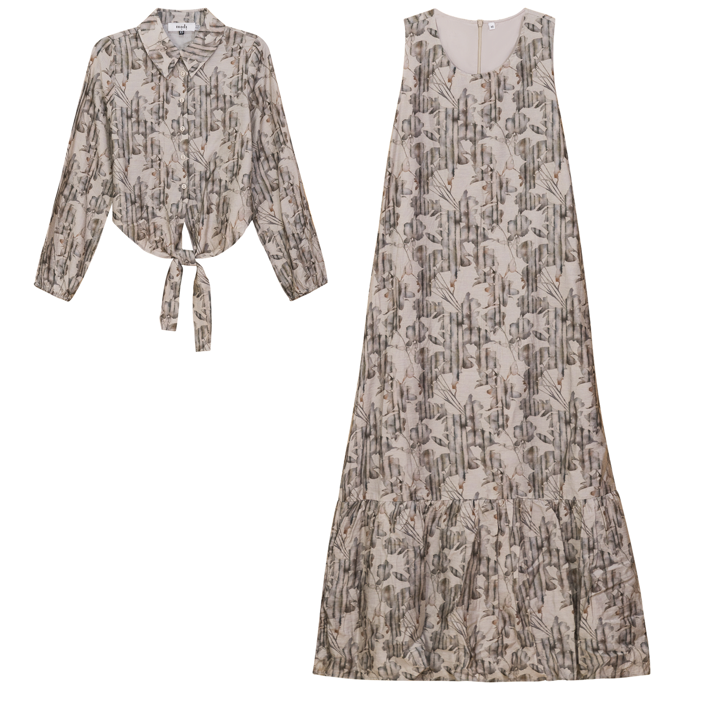 Printed Linen Midi Jumper Shirt Set Oatmeal