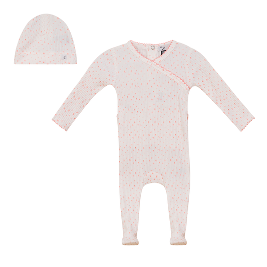 Flower and Dot Print Onesie Set Pink Off White