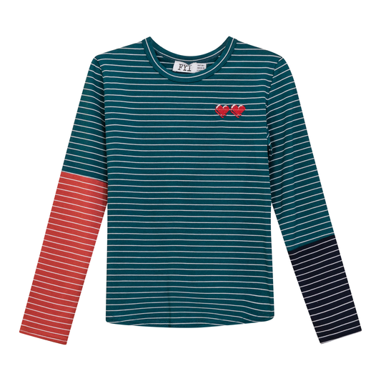 Heart Embroiderd Stripe Top Teal