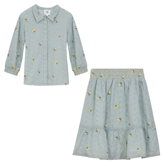 Flower Embroidered Skirt Set Mint