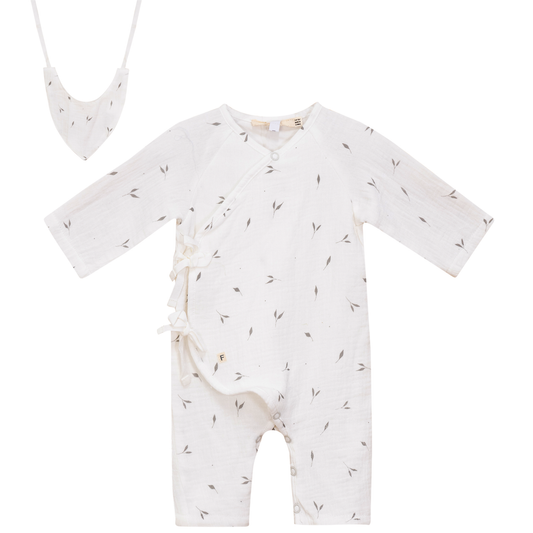Leaf Print muslin Wrap Romper White