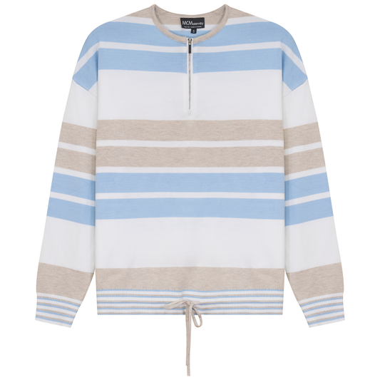 Maternity Henley Stripped Knit Bungee Sweater White Light Stone Light Dusty Blue