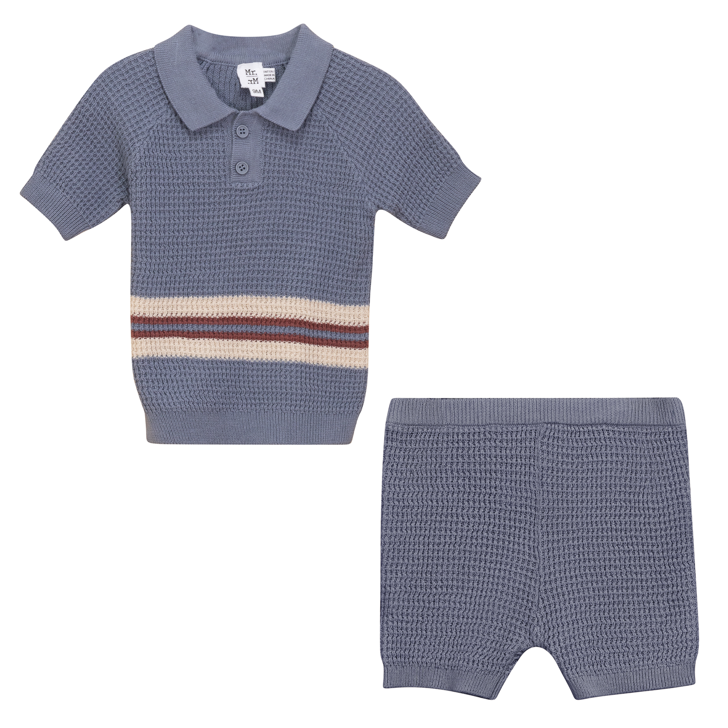 Waffle Knit Striped 2Pc Set Grey Blue Dark Almond