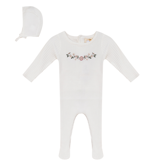 Rib Knit Stretchie and Bonnet Off White