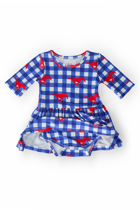 SMU Plaid Mustang 3/4 Sleeve Twirl Bodysuit