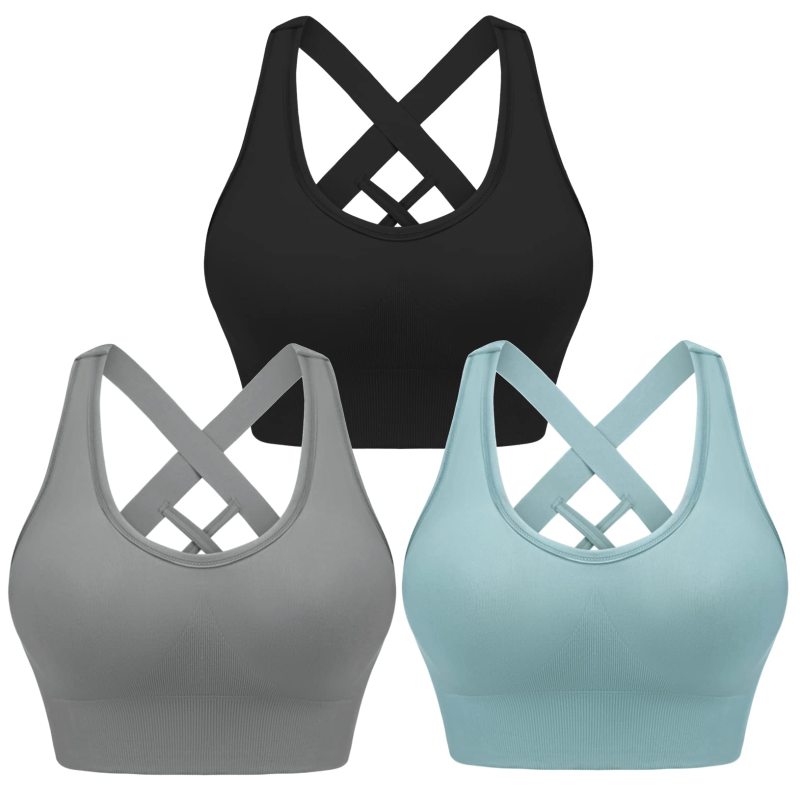 Women's Four Season Solid Nylon Sports Bra - Cross Strap Design Black+blue+grey