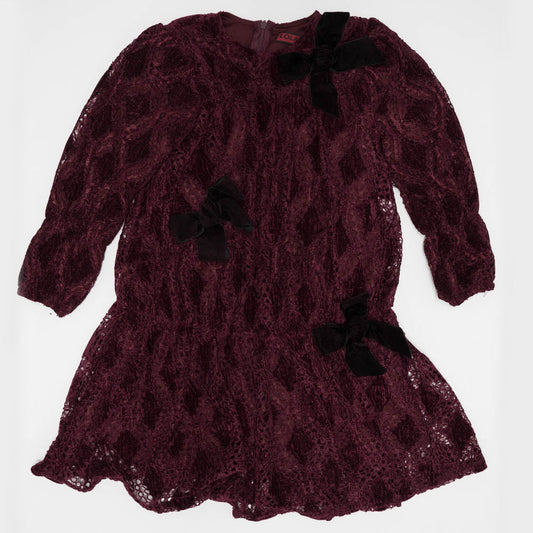 Lace Velour Bow Dress Wine