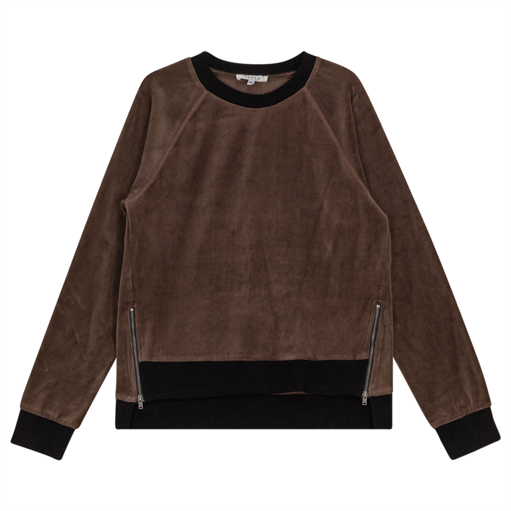 Cotton Velour Raglan Sleeve Zipper Top Coffee Black