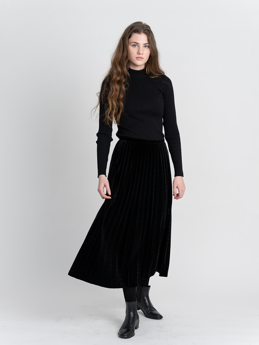 Accordian Pleated Velour Midi Skirt