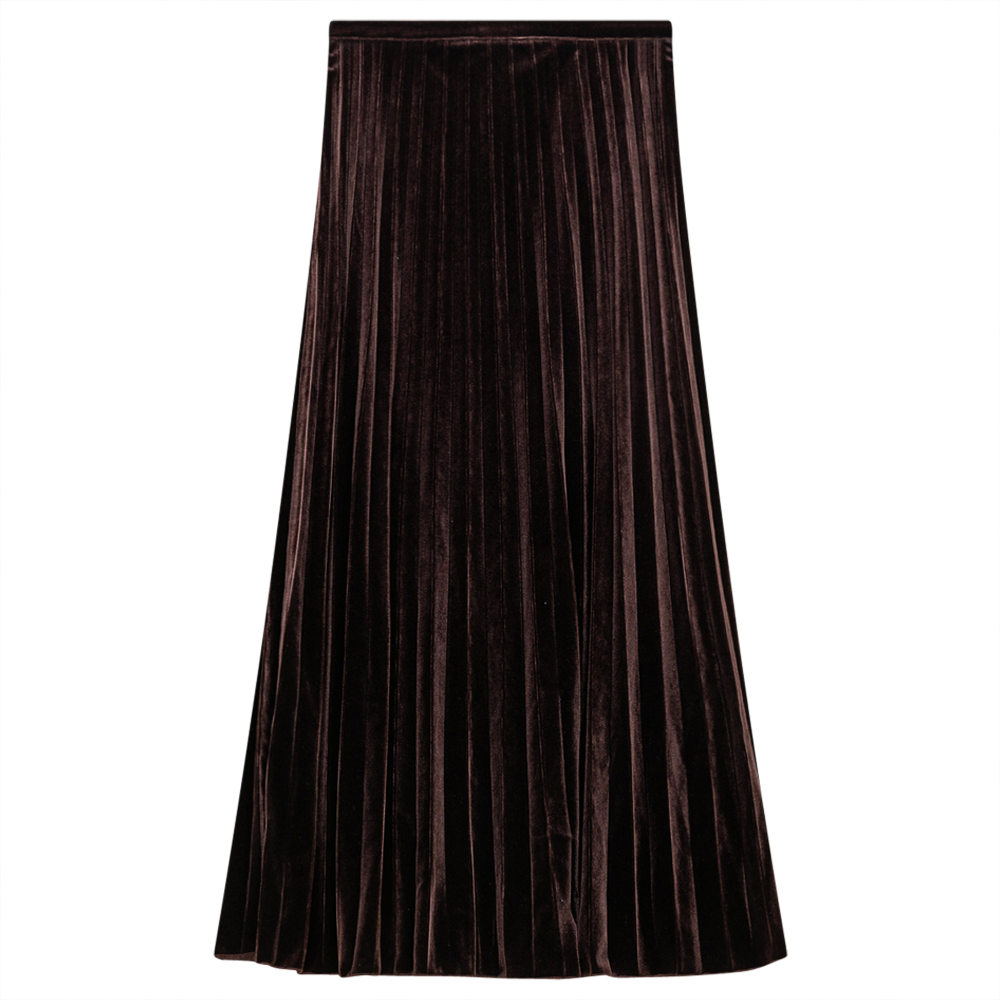 Accordian Pleated Velour Midi Skirt Chocolate