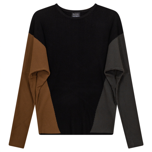 Dolman Color Blocked Knit Sweater Black Taupe
