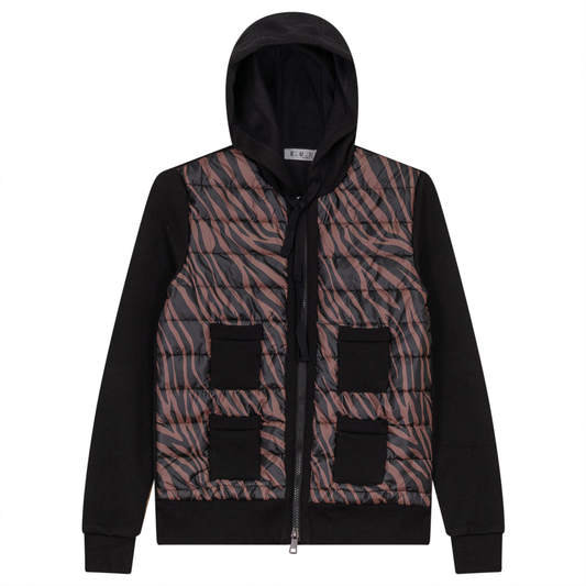 Zebra Quilted Waffle Knit Combo Bomber Jacket Black Taupe