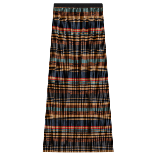 Accordion Pleated Striped Velour Maxi A-Line Skirt Multi Color Stripe