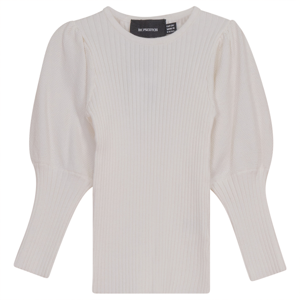 Rib Knit Top With Puff Sleeves Off White