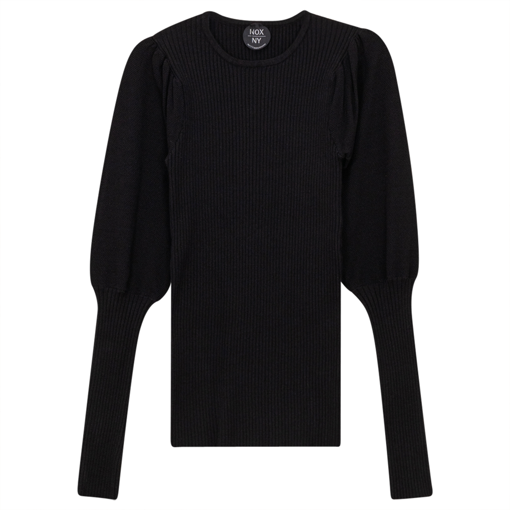 Rib Knit Top With Puff Sleeves Black