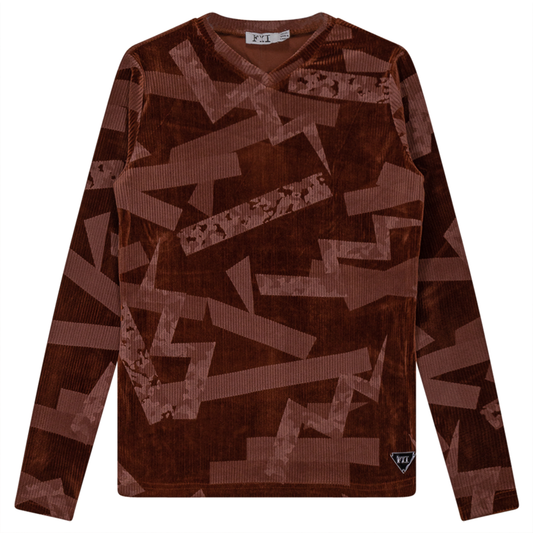 Rib Velour Print Top With V-Neck