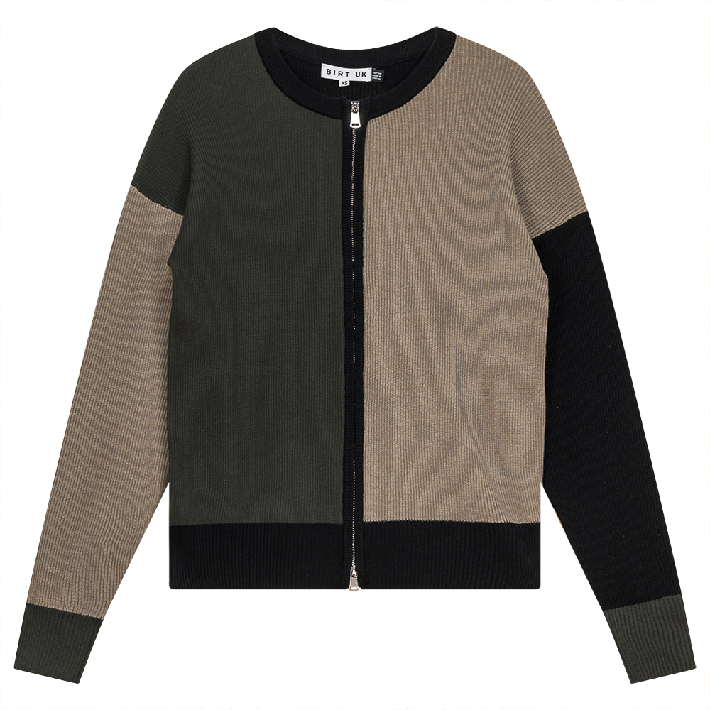Color Block Double Zip Knit Cardigan Stone Dark Olive Black