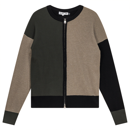 Color Block Double Zip Knit Cardigan Stone Dark Olive Black