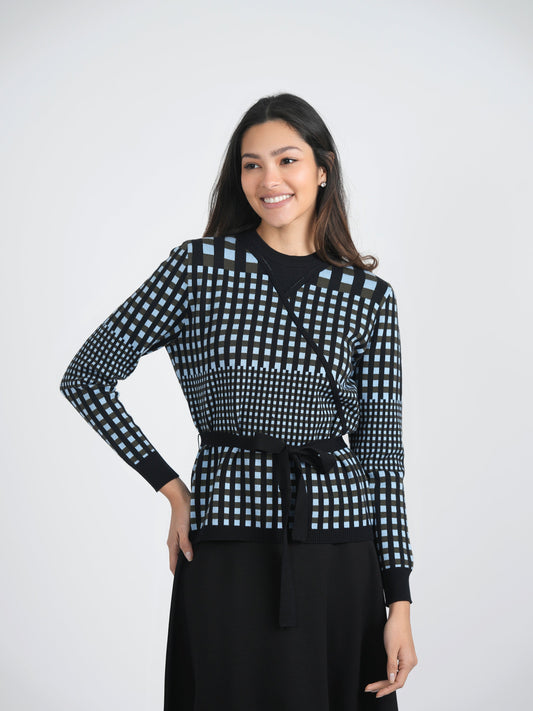Checker Wrap Knit Mock Neck Sweater