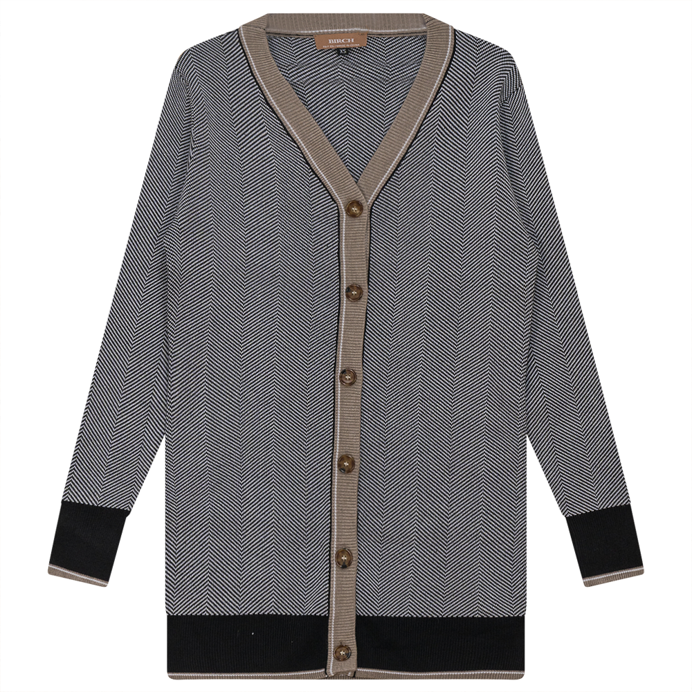 Sweater Knit Herringbone Design Cardigan Black White Stone