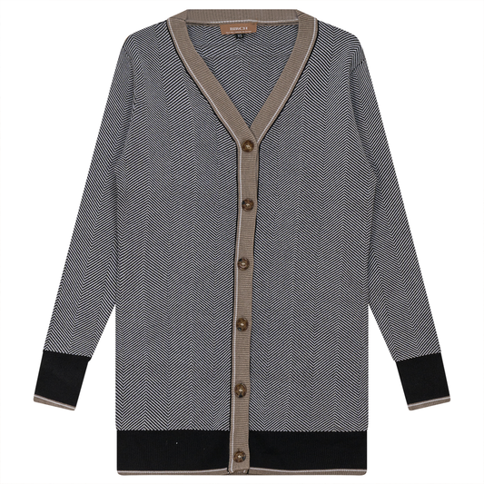Sweater Knit Herringbone Design Cardigan Black White Stone