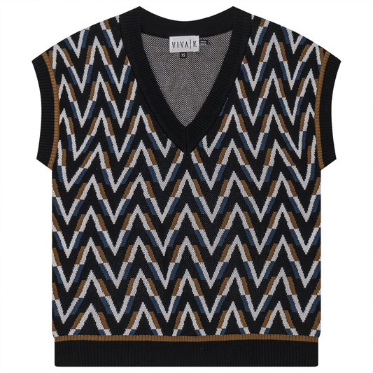 Herringbone Contrast Jaquard Knit Vest Black Multi Color