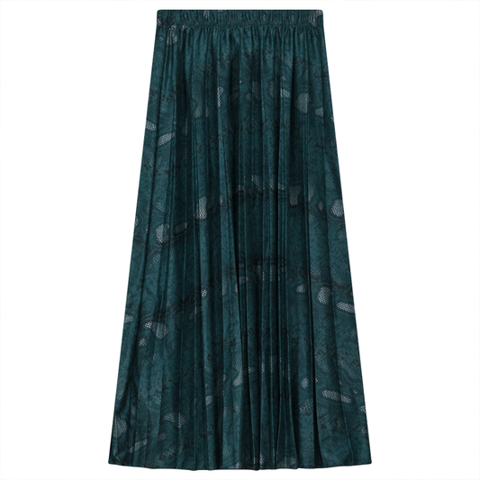 Accordion Pleated Printed Leather Midi Skirt Emeral Green