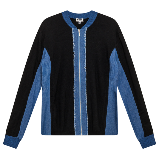 Ribbed Knit With Denim Trim Zip Up Black Denim Wash