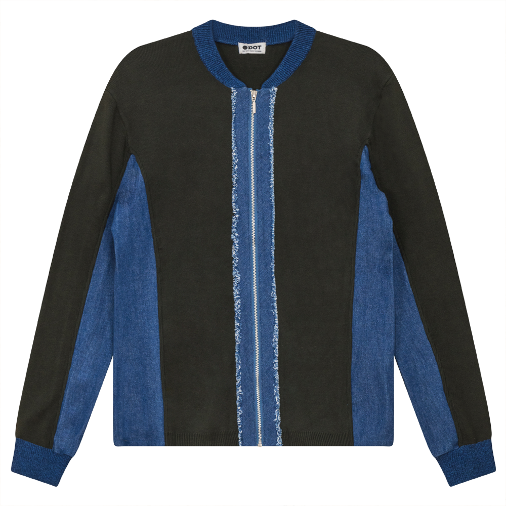 Ribbed Knit With Denim Trim Zip Up Dark Olive Denim Wash