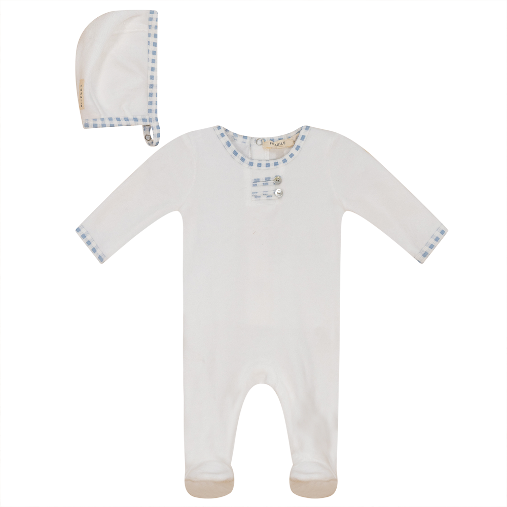Velour Onesie with Bonnet Off White Blue