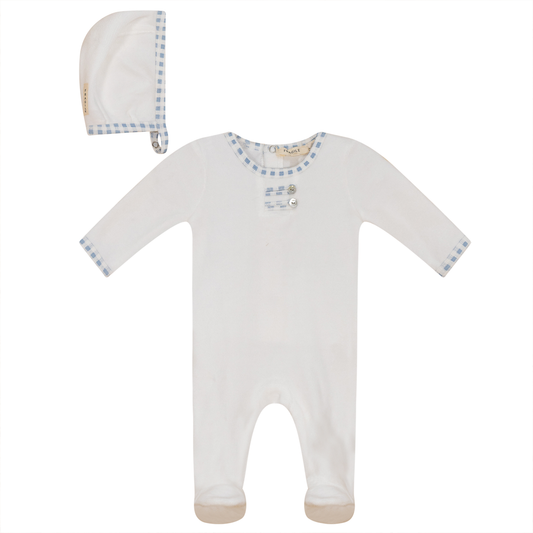 Velour Onesie with Bonnet Off White Blue