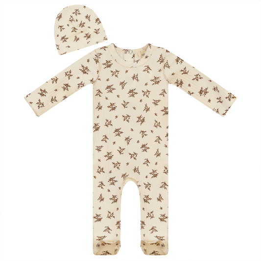Flower Print Onesie with Hat Off White Cognac